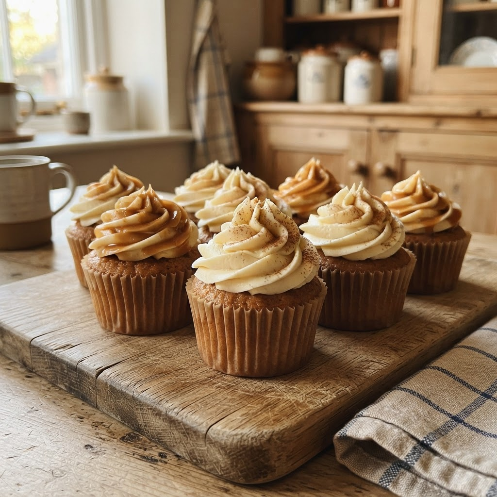 Ses kolwyntjies met gespuite botter- and karamelversiersel op 'n houtplank